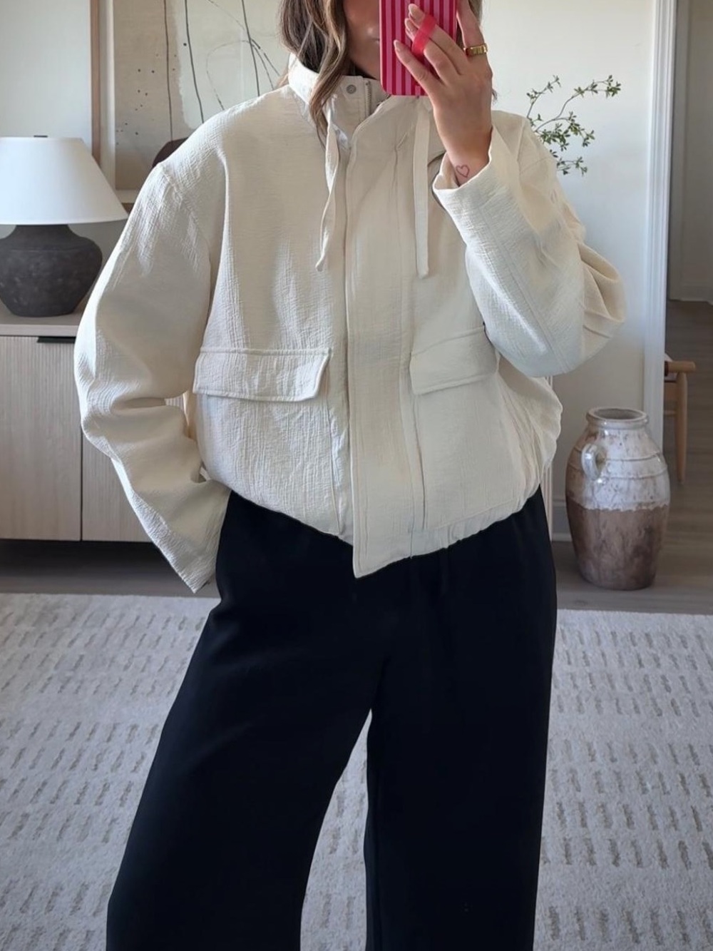 Cream Textured bomber Jacket with Front Pockets